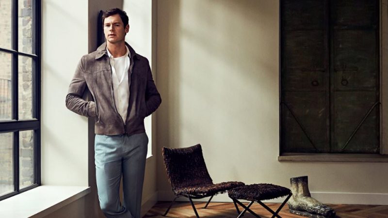 Modern Gent: Benjamin Walker dons Tomas Maier suede jacket, Balenciaga slim-fit poplin shirt, Descente S.I.O. slim-fit t-shirt, Dolce & Gabbana slim-fit trousers and Montblanc 3cm black leather belt.