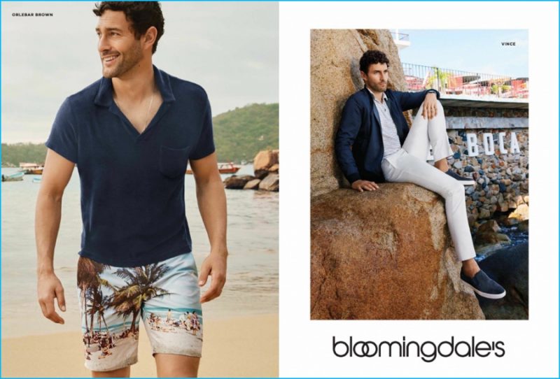 Noah Mills connects with Bloomingdale's for summer, wearing looks from Orlebar Brown and Vince.