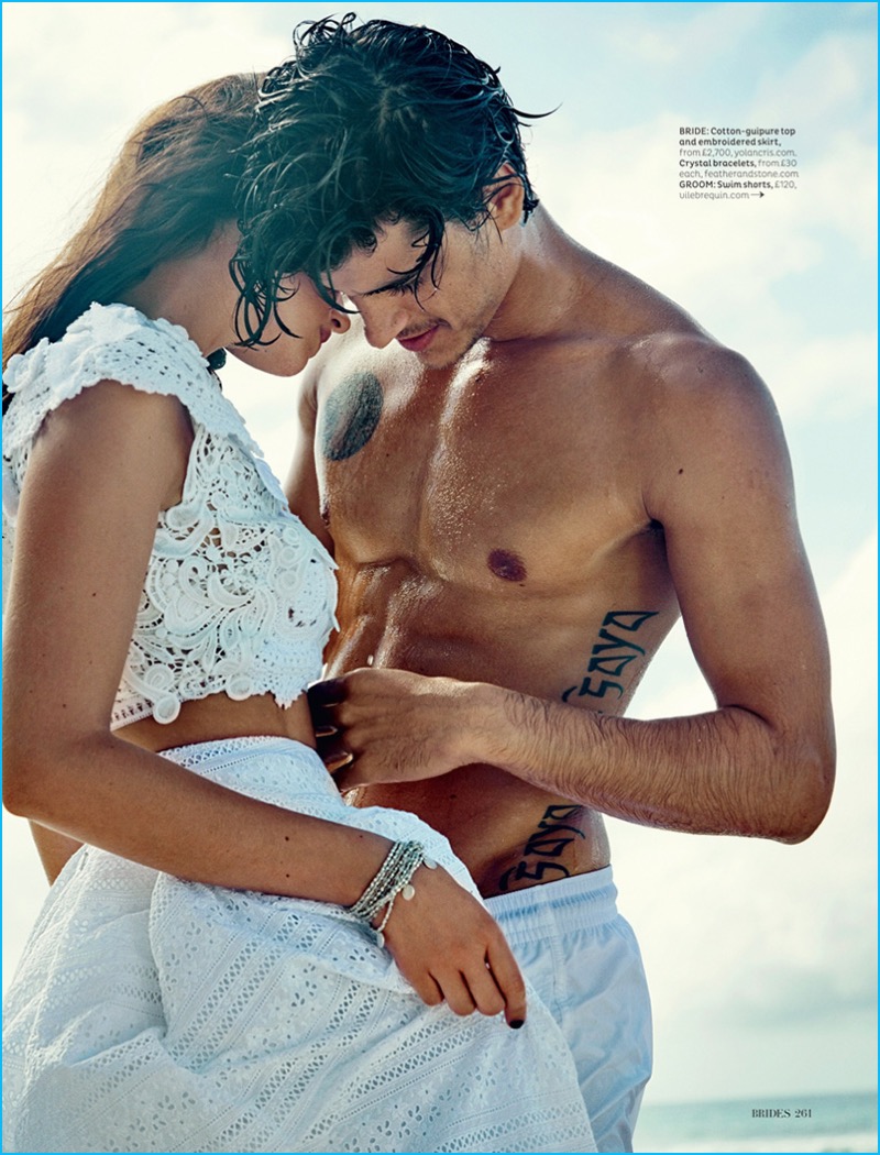 Jorge Alano is honeymoon ready in white swim shorts from Vilebrequin. 