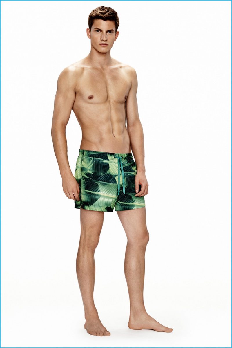 Benjamin Benedek models Calvin Klein 3D print swim trunks.