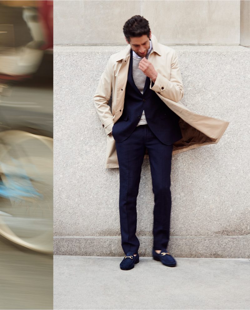 Club Monaco Crombie Mallard coat, striped pocket tee, short-sleeve seersucker shirt, Grant houndstooth blazer and trousers.