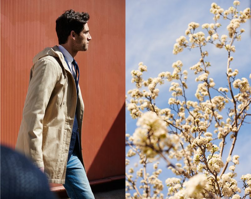 Club Monaco button parka, Grant suit blazer and Levi's 511 slim-fit selvedge jeans.