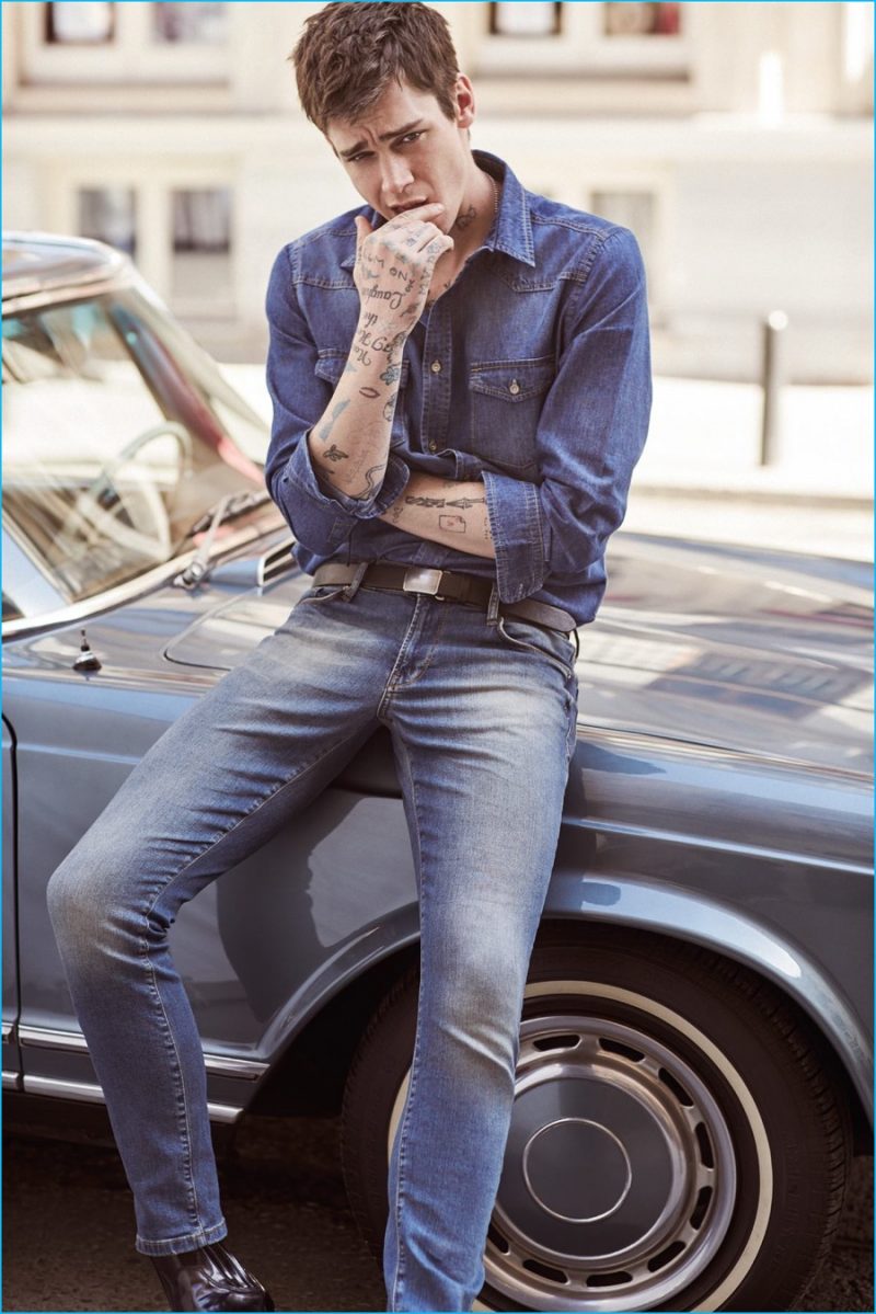 Cole Mohr models double denim for Koton Jeans' spring-summer 2016 campaign.