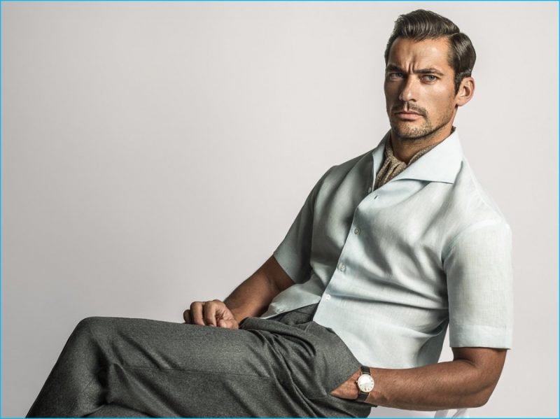 David Gandy poses in an Emma Willis & Adam Rogers shirt with trousers and a scarf from Anderson & Sheppard.