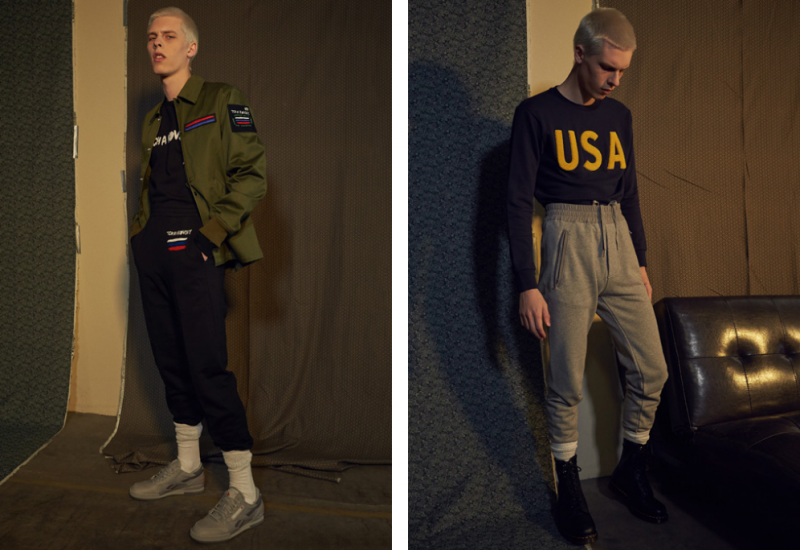 Left to Right: August wears sneakers Gosha Rubchinskiy x Reebok Classic, sweatshirt, sweatpants and patch coach jacket Opening Ceremony. August wears USA sweatshirt Palm Angels, sweatpants Acne Studios and boots Yohji Yamamoto x Dr Martens.