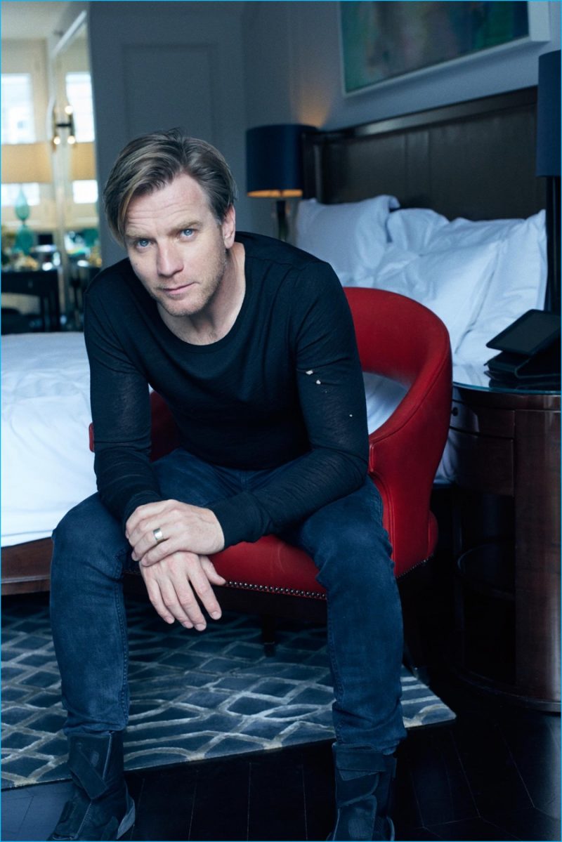 Ewan McGregor is front and center in a long-sleeve tee from John Varvatos, paired with Dsquared2 jeans and Lanvin boots.