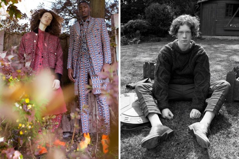 Left: Models George Hard and Troy Copeland make a tailored statement in Helen Anthony's all-over print fashions. Right: Ben Rees is a charming vision in a cableknit sweater and trim trousers.