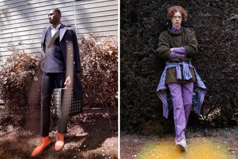 Left: Troy Copeland embraces a dandy flair in a pinstripe suit and sharp overcoat from Helen Anthony. Right: Ben Rees layers for fall in Helen Anthony's statement fashions.