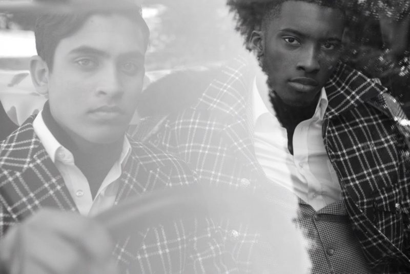 Models Arun Olivelle and Troy Copeland in looks from Helen Anthony's fall-winter 2016 collection.