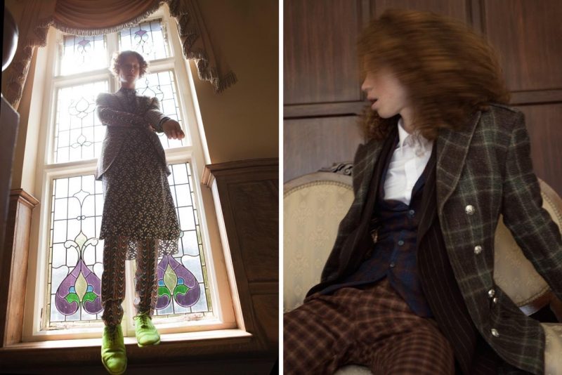 Left: Ben Rees wears an all-over print tunic with suit from Helen Anthony. Right: George Hard mixes plaids and checks for a dynamic fall look from Helen Anthony.