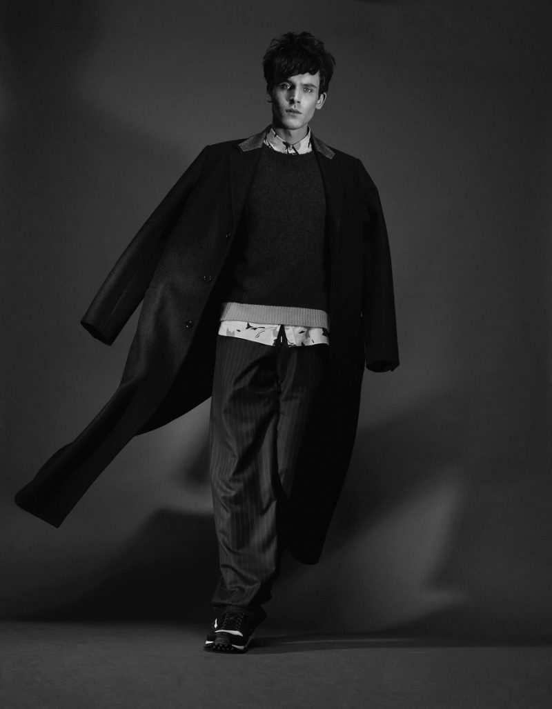Julian wears sweater Valentino, shirt Lanvin, coat, trousers and sneakers Dior Homme.