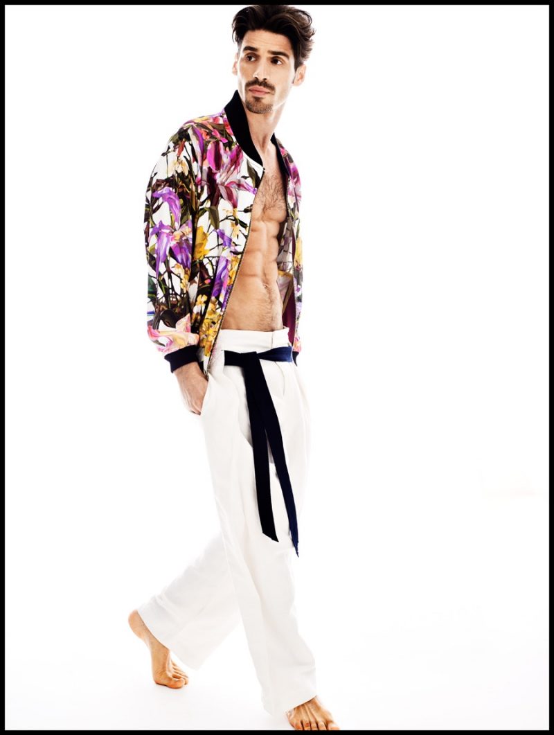 Matias wears bomber jacket Leitmotiv and trousers Dirk Bikkembergs.