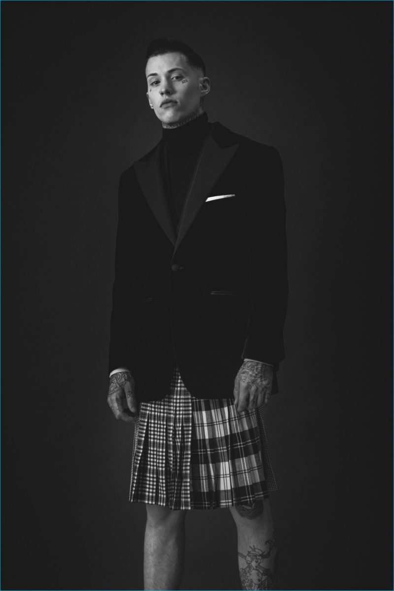 Ryan wears turtleneck sweater Hardy Amies, pocket square Jaeger, kilt LeKilt, waistcoat and tuxedo jacket Stephen Williams.