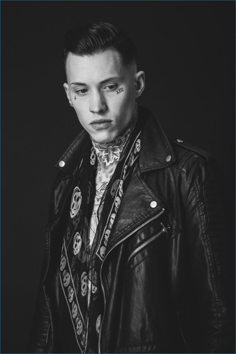 Ryan wears leather biker jacket his own and scarf Alexander McQueen.