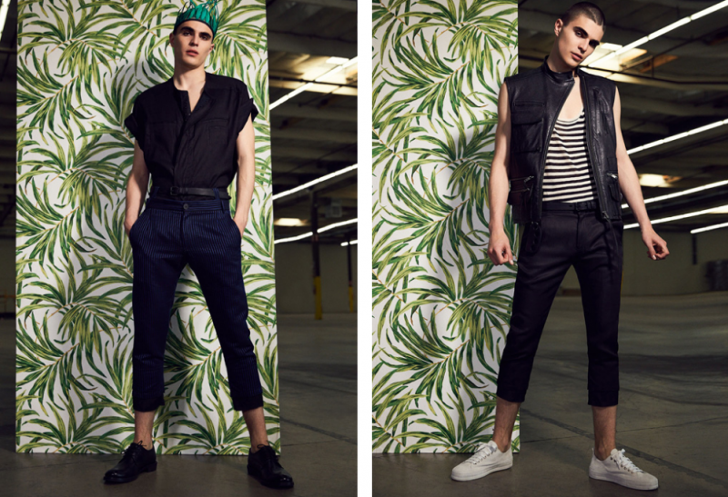 Left to Right: Diego wears short-sleeve shirt, cropped striped trousers and belt Haider Ackermann and dress shoes Ann Demeulemeester. Diego wears leather military waistcoat, belt, striped tank and cropped trousers Haider Ackermann and shoes Ann Demeulemeester.