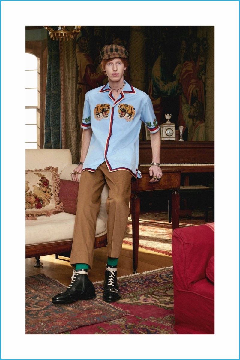 Alessandro Michele offers his unique spin on the Cuban collared shirt with a tiger motif.