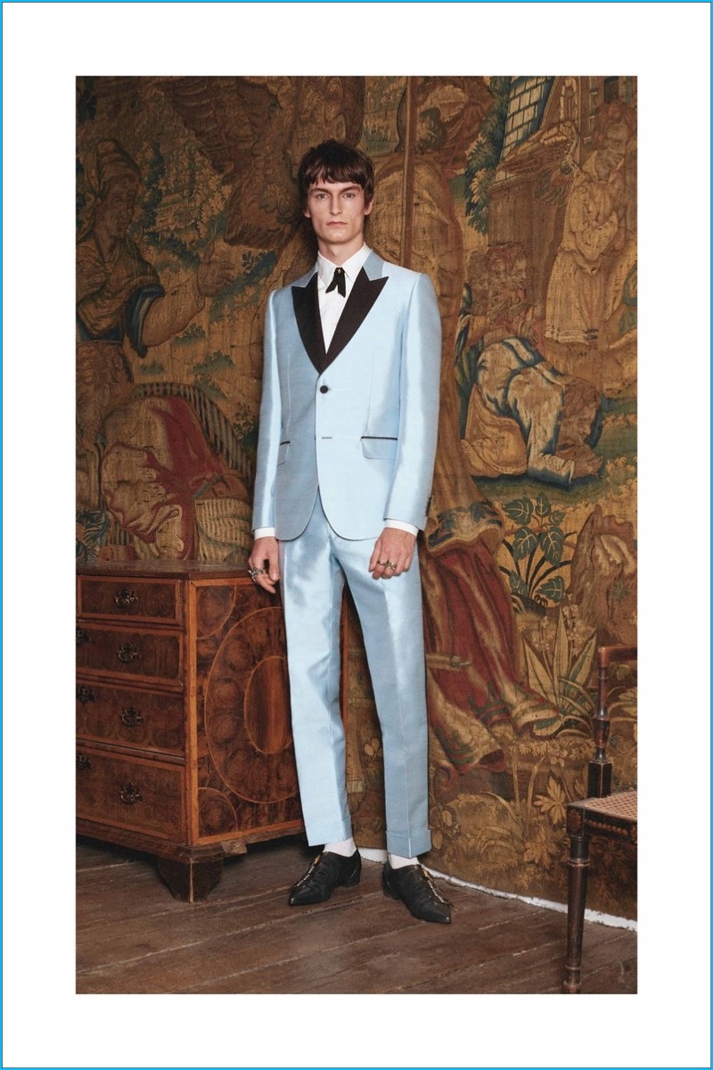 Gucci goes formal with a sky blue tuxedo from its cruise 2017 collection.