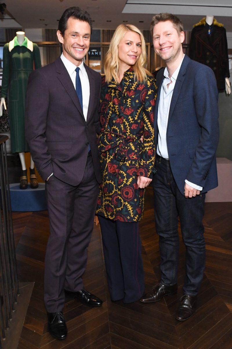 Hugh Dancy and Claire Danes wearing Burberry with Christopher Bailey at the Burberry SoHo store