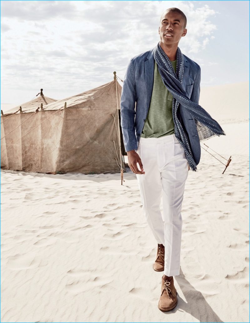 Claudio Monteiro is a chic vision in J.Crew's Ludlow summerweight cotton-linen blazer, paired with a tee, pleated trousers and a summer scarf.