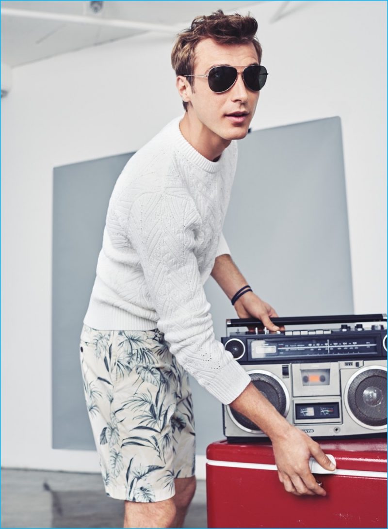 Print Play: Clément Chabernaud wears J.Crew cotton cable sweater, printed 9" Stanton shorts and Jack aviator sunglasses.