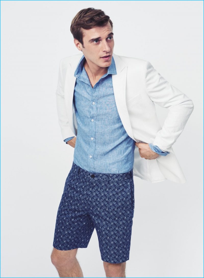 Short Suiting: Clément Chabernaud wears J.Crew Ludlow dinner jacket in Italian cotton, Ludlow shirt in Délavé Irish linen and 9" Stanton floral print shorts.