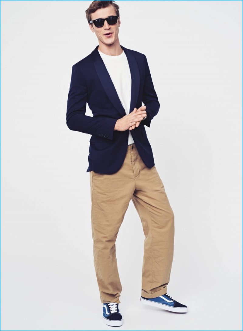 Proportion Shift: Clément Chabernaud wears J.Crew Ludlow shawl-collar tuxedo jacket in Italian wool, slim broken-in pocket t-shirt, Wallace & Barnes classic-fit military chinos in Italian cotton, Vans Old Skool sneakers, Irving sunglasses and Timex for J.Crew Andros watch.