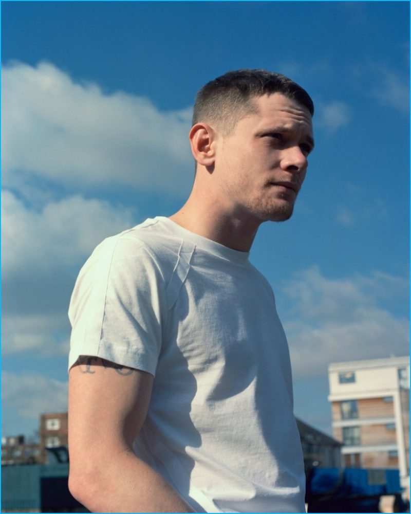 Jack O'Connell goes casual in a Belstaff t-shirt.