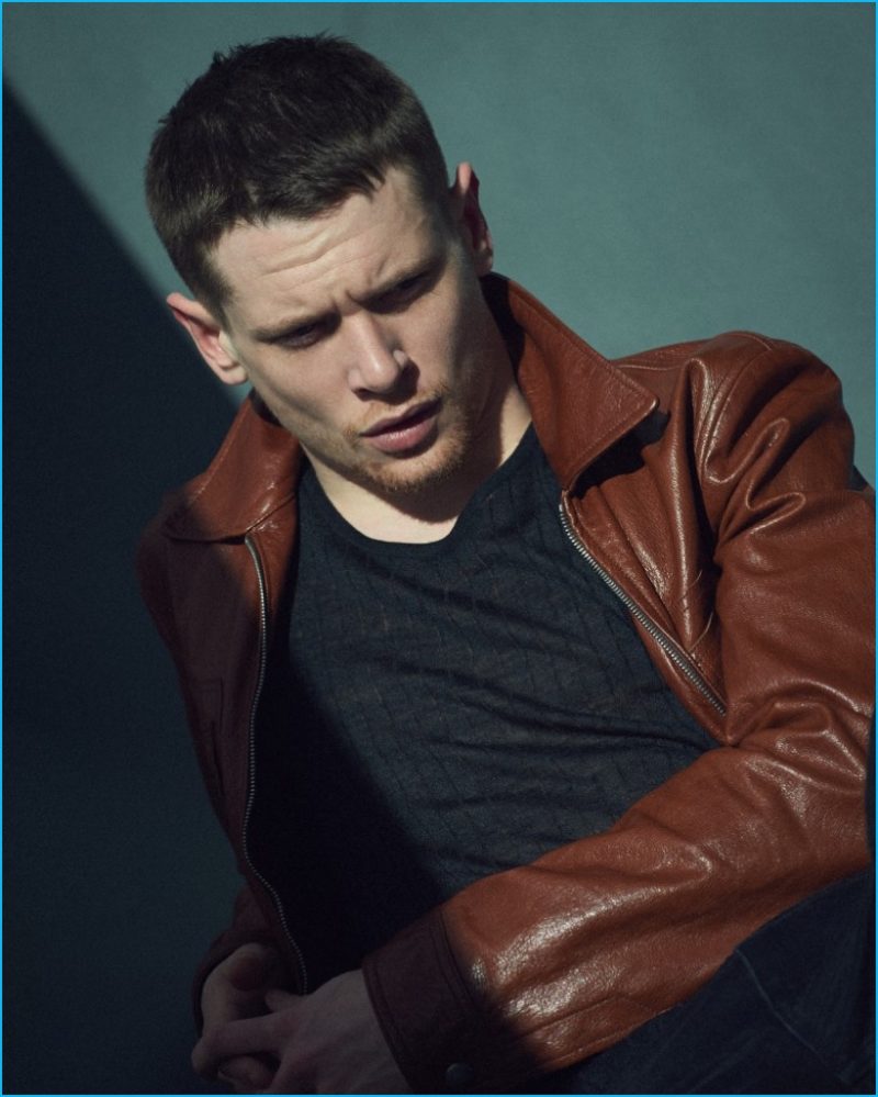 Jack O'Connell pictured in a Tom Ford leather jacket and trousers with a Jeffrey Rüdes tank.