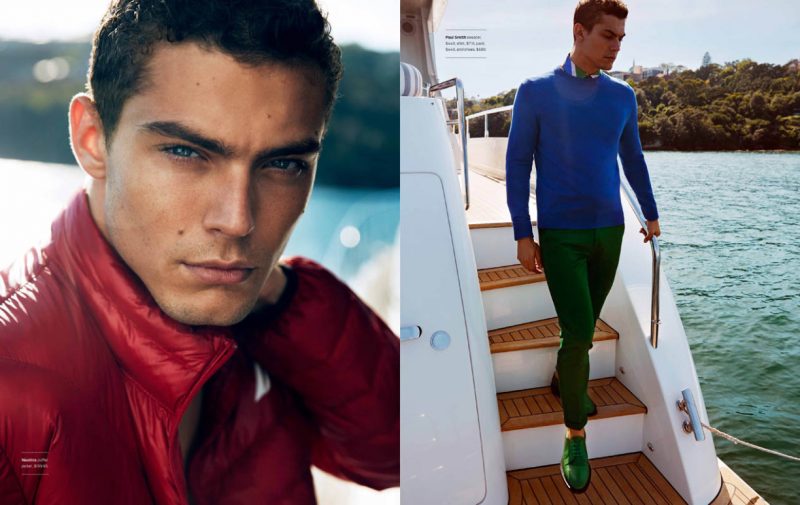 Left: Jacob Hankin goes for an active appeal in a Nautica jacket. Right: Jacob wears colorful fashions from Paul Smith.