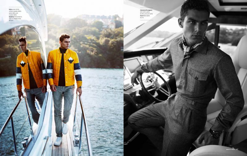 Left: Jacob Hankin has a yellow moment in a quilted Bally jacket. Right: Jacob is chic in Salvatore Ferragamo.