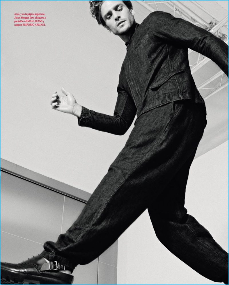 Jason Morgan pictured in Armani Jeans fashions with Emporio Armani shoes.