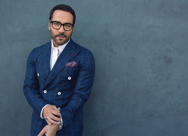 Jeremy Piven dons a double-breasted windowpane suit for Haute Living.