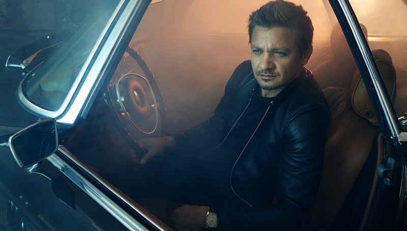 Jeremy Renner pictured in a leather jacket for Robb Report.