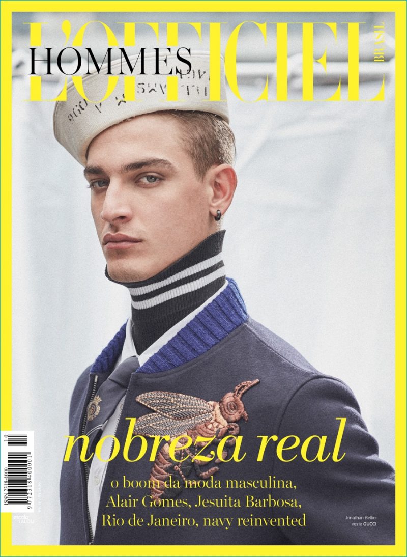 Wearing Gucci, Jonathan Bellini covers the most recent issue of L'Officiel Hommes Brasil.