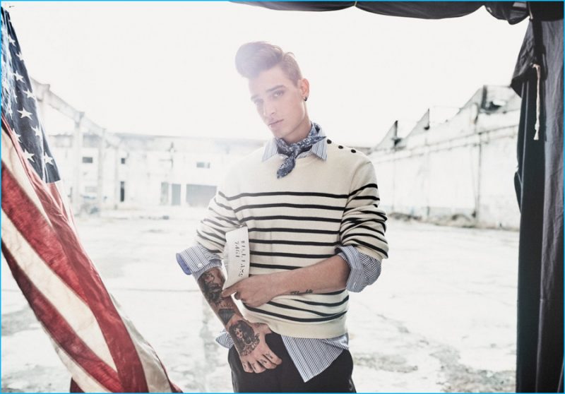 Jonathan Bellini sports a Breton stripe sweater from Polo Ralph Lauren with a Richards shirt and B.Luxo accessories.