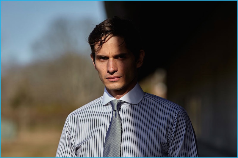 David Smith wears Jonathan Mezibov's tailored-fit Bromfield striped dress shirt.