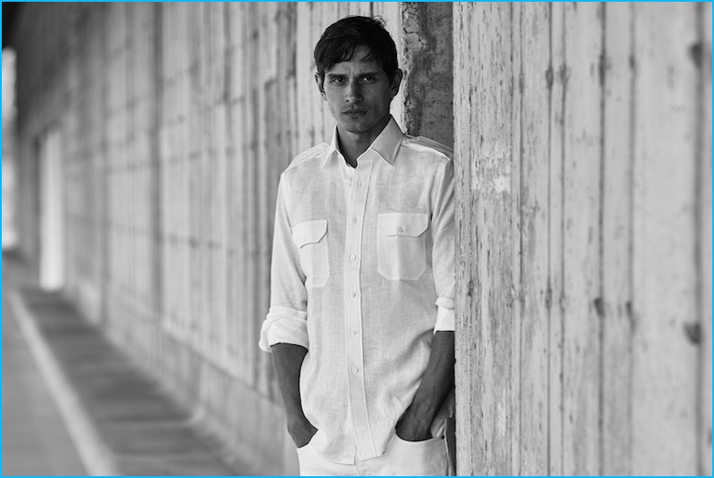 David Smith embraces summer whites in a tailored-fit linen military sport shirt from Jonathan Mezibov.