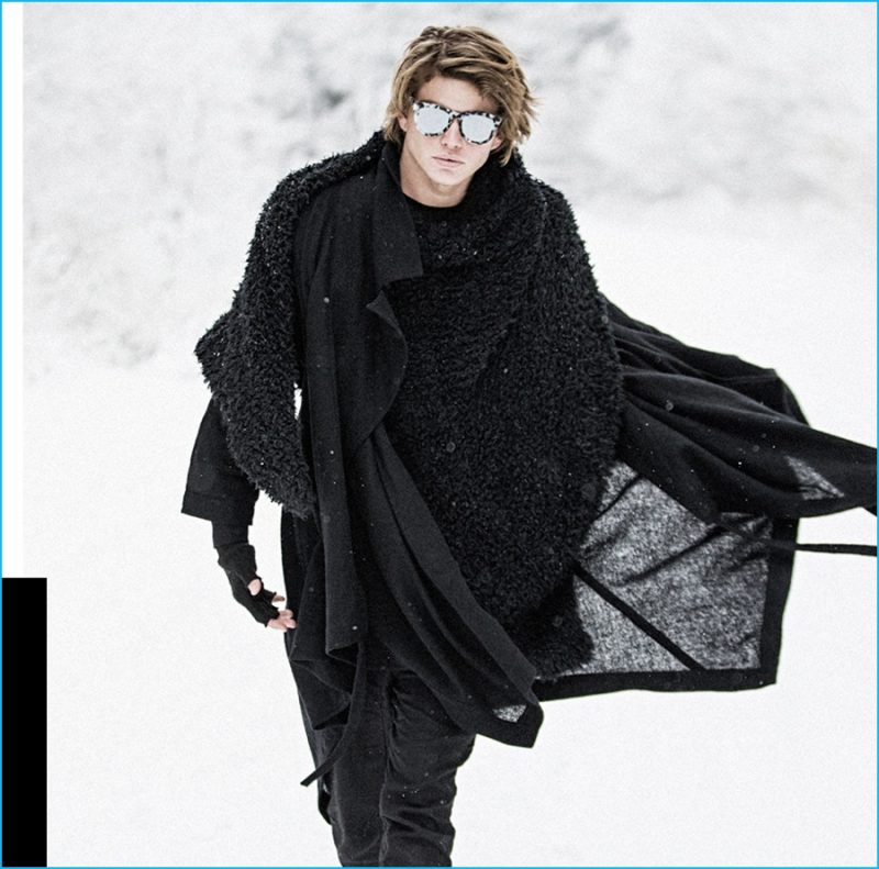 Jordan Barrett layers to brace the elements as he stars in Valley Eyewear's latest campaign.