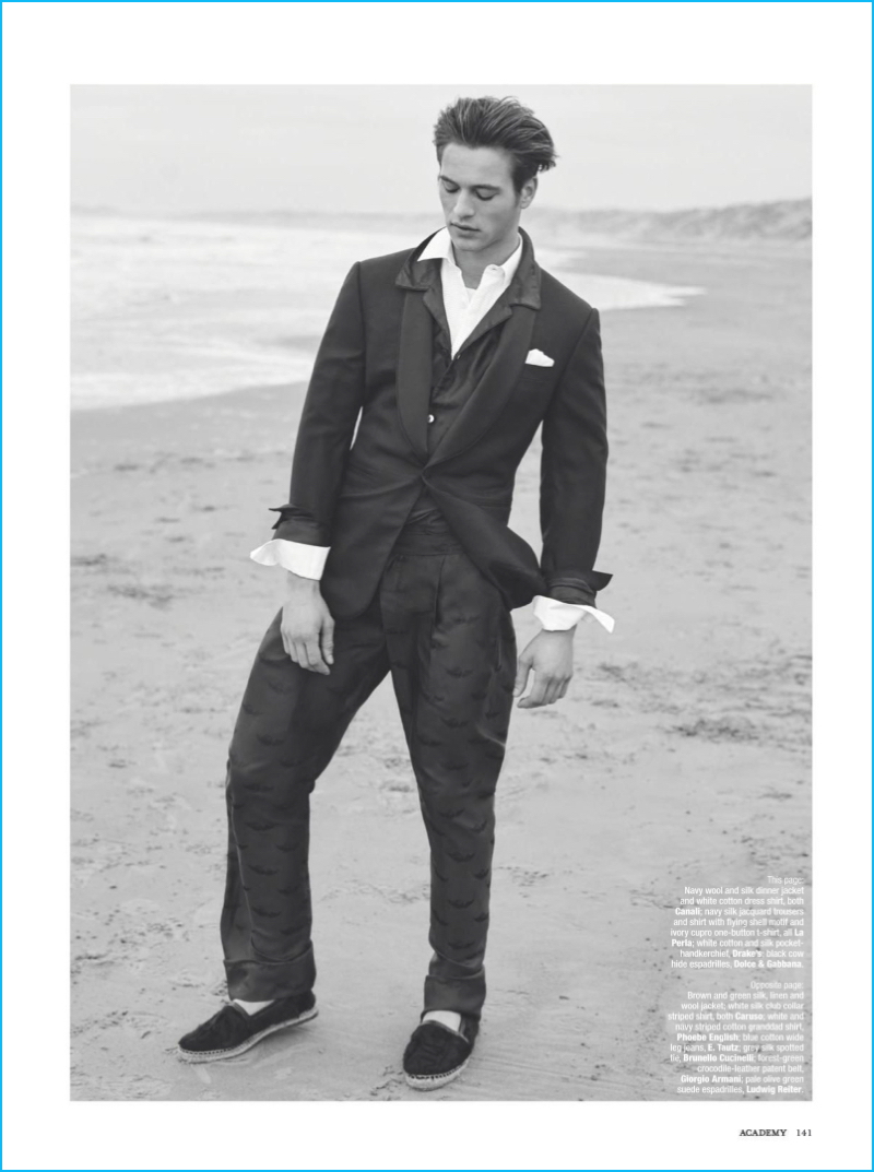 Jules Raynal dons a sharp dinner jacket from Canali with La Perla trousers.