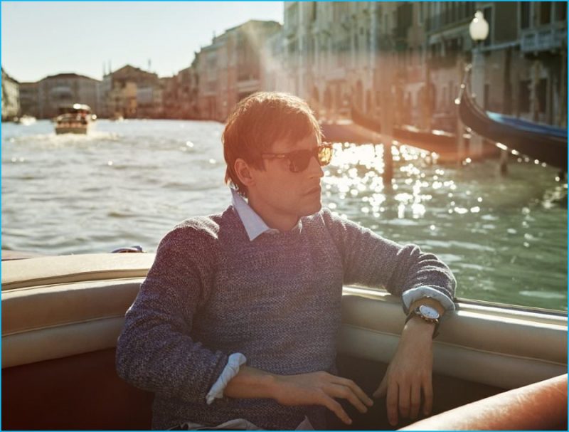 Sebastien Andrieu takes in the sights of Venice, wearing a linen sweater and choice accessories from Kingsman.