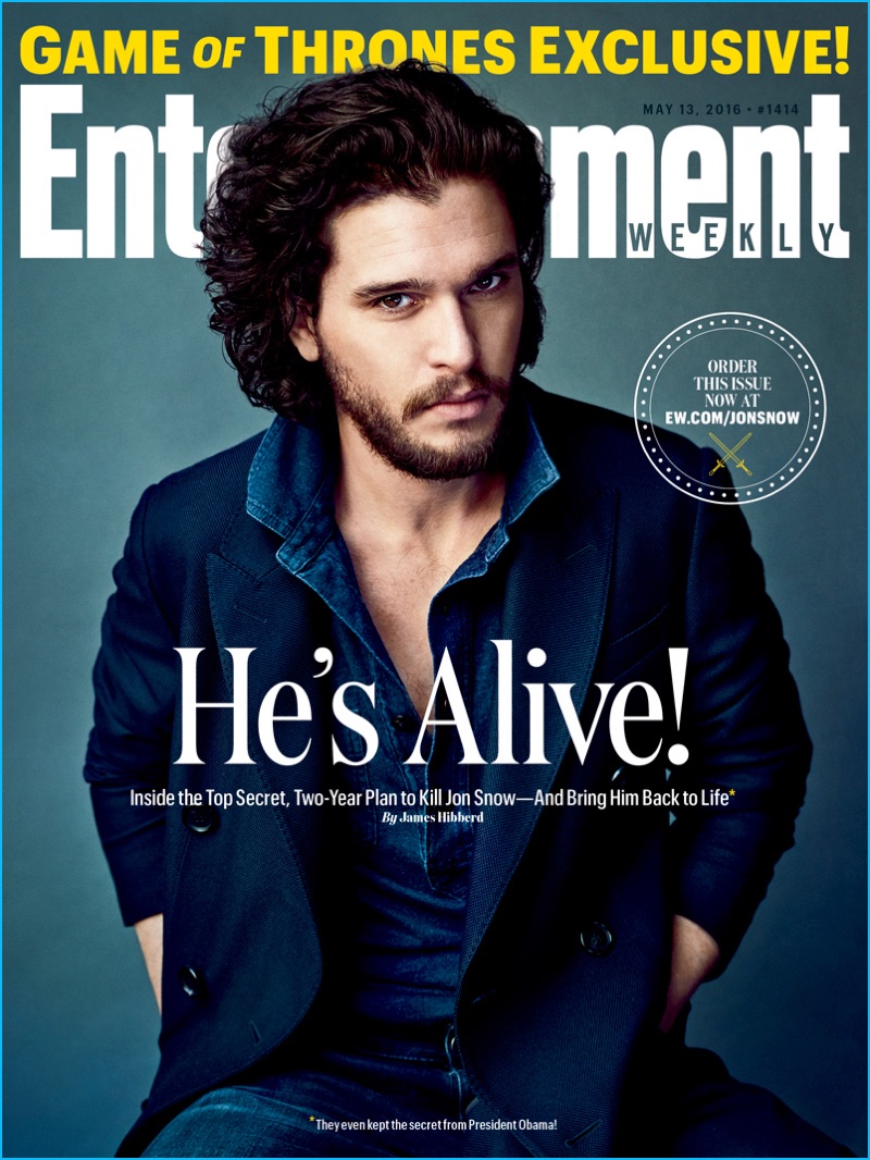 May 2016: Donning double denim and a blue blazer, Kit Harington covers Entertainment Weekly.