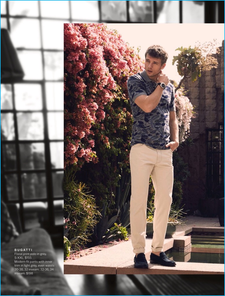 Benjamin Eidem dons a polo shirt and modern-fit pants from Bugatti.