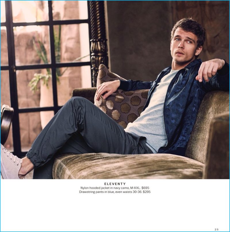 Benjamin Eidem relaxes in a leisure look from Eleventy.