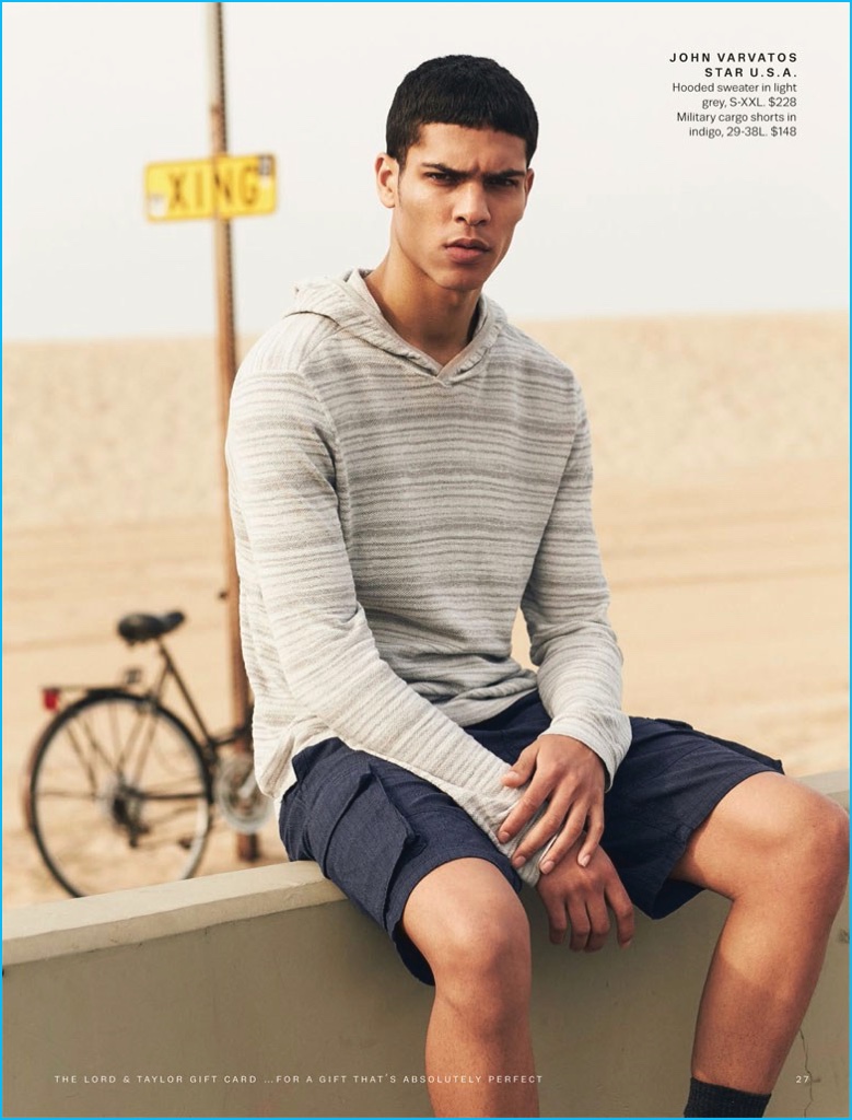 Geron McKinley connects with Lord & Taylor, wearing a hooded sweater and cargo shorts from John Varvatos Star U.S.A.