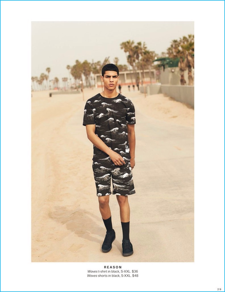 Geron McKinley takes to the beach in wave print fashions from Reason.