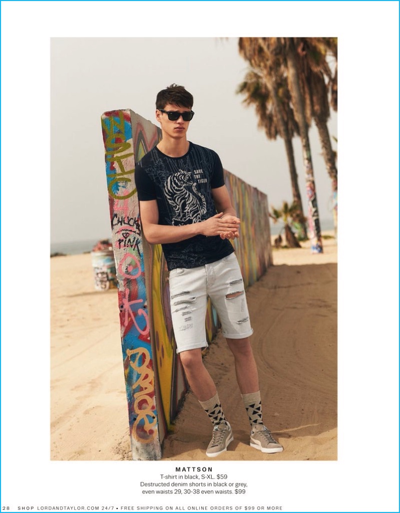 Filip Hrivnak pictured in ripped denim shorts and a graphic t-shirt from Mattson.