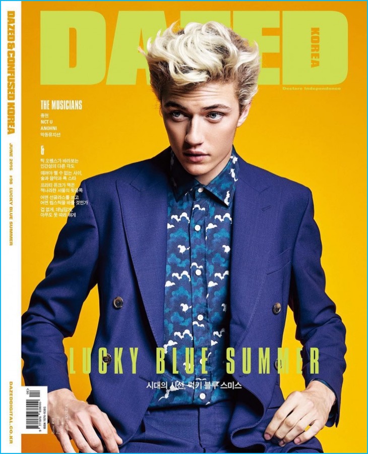 Lucky Blue Smith dons a double-breasted suit for Dazed's June 2016 issue.