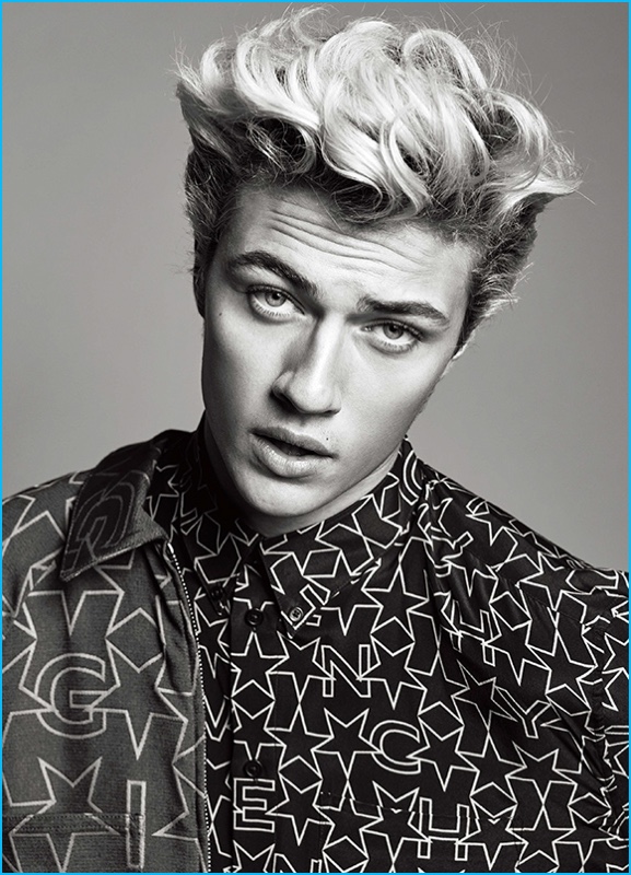 Lucky Blue Smith charms in a star print shirt from Givenchy by Riccardo Tisci.