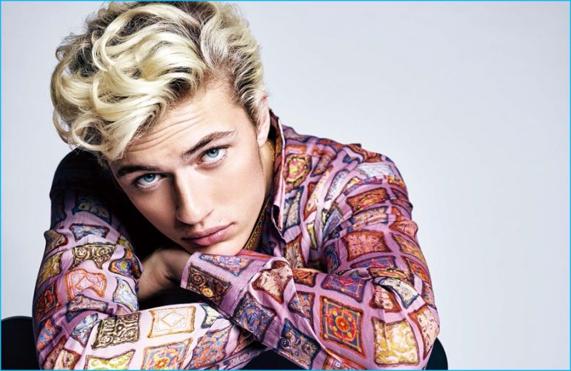 Lucky Blue Smith models an intricate patterned shirt from Versace.