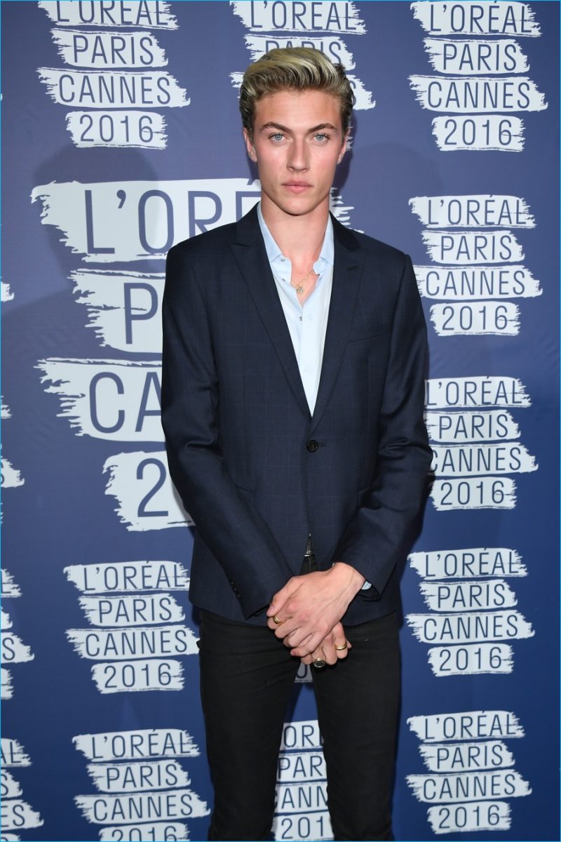 Lucky Blue Smith hits the step and repeat at the L'Oreal Paris Blue Obsession Party during the 2016 Cannes Film Festival.